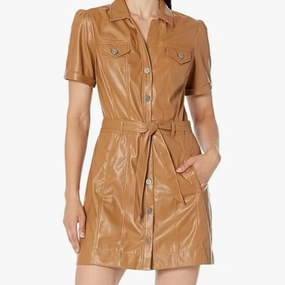 PAIGE Amina Faux-Leather Short-Sleeve Button-Front Mini Dress Size Medium - Picture 1 of 5